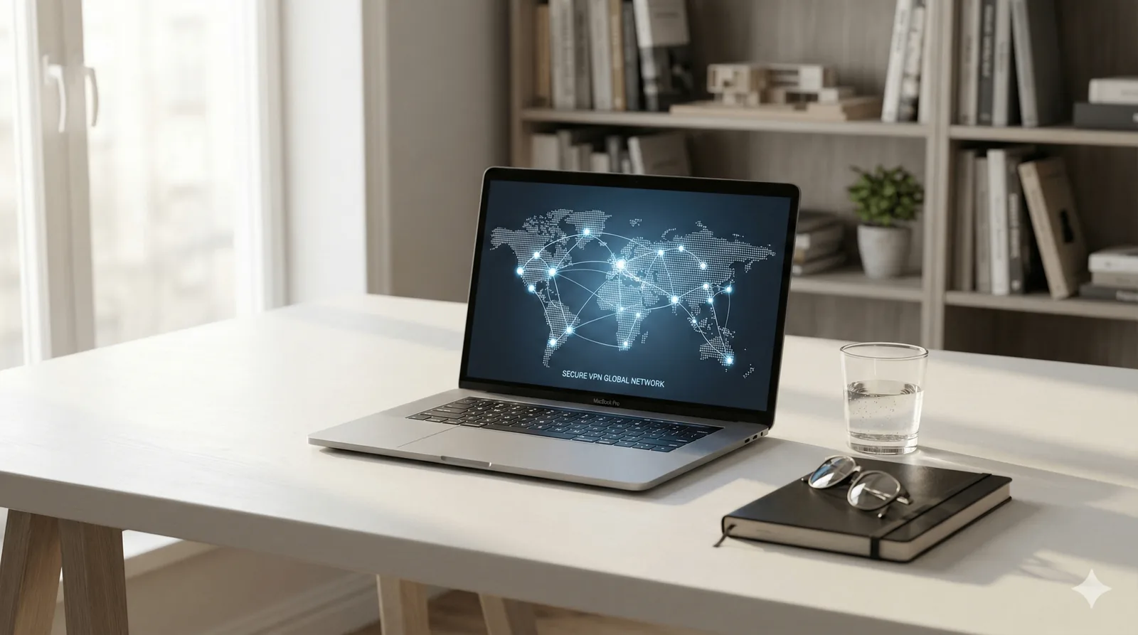 Modern workspace with laptop showing global VPN network map