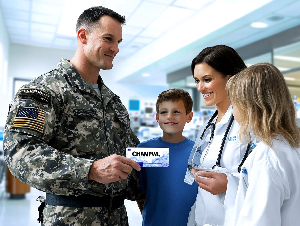 Illustration of a veteran family with a CHAMPVA medical card, set against a hospital background, symbolizing healthcare access, family support, and protection in warm colors.