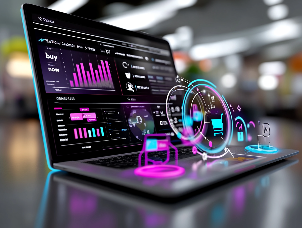 Illustration depicting the initial journey of starting affiliate marketing, featuring a laptop screen with analytics, roadmap steps, and digital marketing symbols on a soft blue-to-green gradient background.