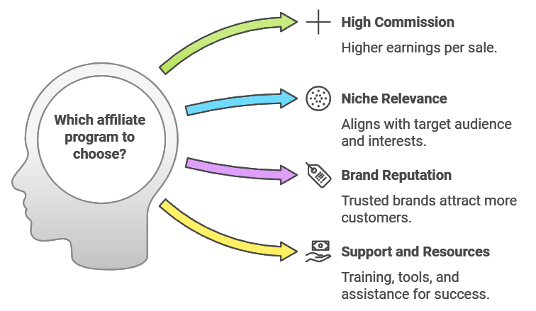 Infographic illustrating factors for choosing an affiliate program, including high commission, niche relevance, brand reputation, and support/resources.