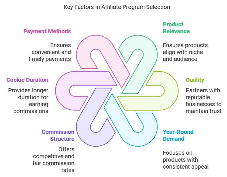 Infographic outlining key factors in affiliate program selection, including payment methods, cookie duration, commission structure, product relevance, quality, and year-round demand.