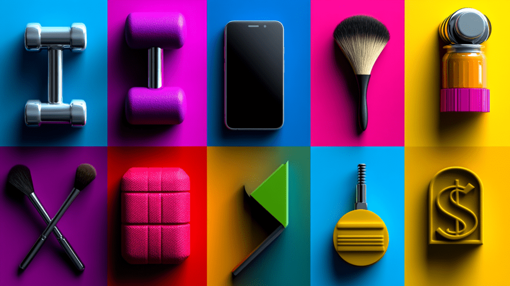 A colorful graphic showcasing affiliate marketing niches with icons for fitness (dumbbell), technology (smartphone), beauty (makeup brush), and personal finance (dollar sign), arranged in a modern grid layout with bold colors and sleek design.