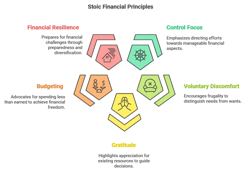 Diagram of Stoic financial principles highlighting financial resilience, control focus, budgeting, voluntary discomfort, and gratitude.