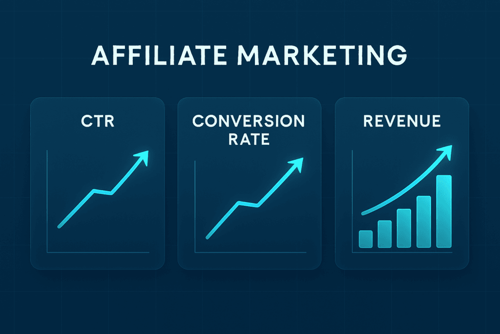 Dashboard interface displaying graphs and charts for affiliate marketing analytics KPIs.