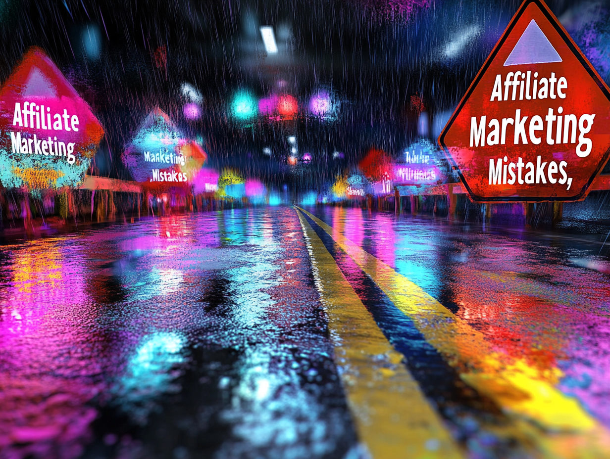 Affiliate marketing mistakes illustrated as roadblocks with a businessperson overcoming them.