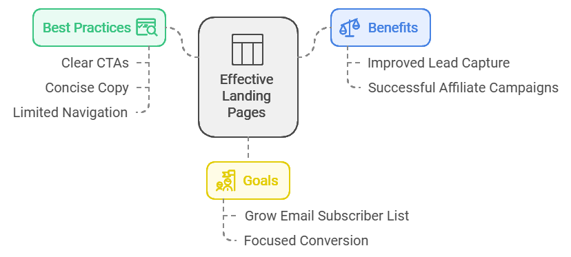 Diagram explaining effective landing pages, including best practices like clear CTAs, concise copy, and limited navigation, along with goals such as growing email subscriber list and benefits like improved lead capture and successful affiliate campaigns.