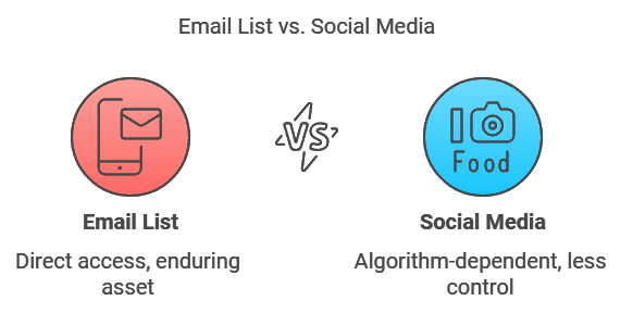 Comparison between Email List and Social Media: Email List offers direct access and is an enduring asset, while Social Media is algorithm-dependent with less control.