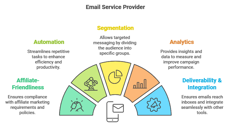 Diagram illustrating key features of an email service provider: segmentation, automation, analytics, deliverability and integration, affiliate-friendliness, enhancing campaign efficiency and compliance.