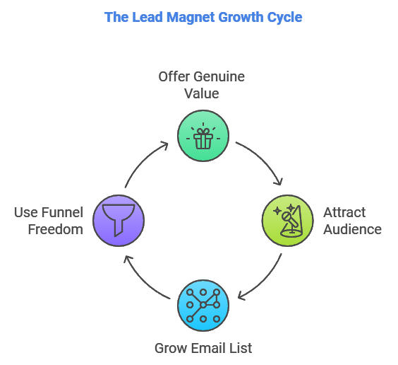 Diagram of the Lead Magnet Growth Cycle: offering genuine value, attracting audience, growing email list, and using Funnel Freedom to sustain the cycle.