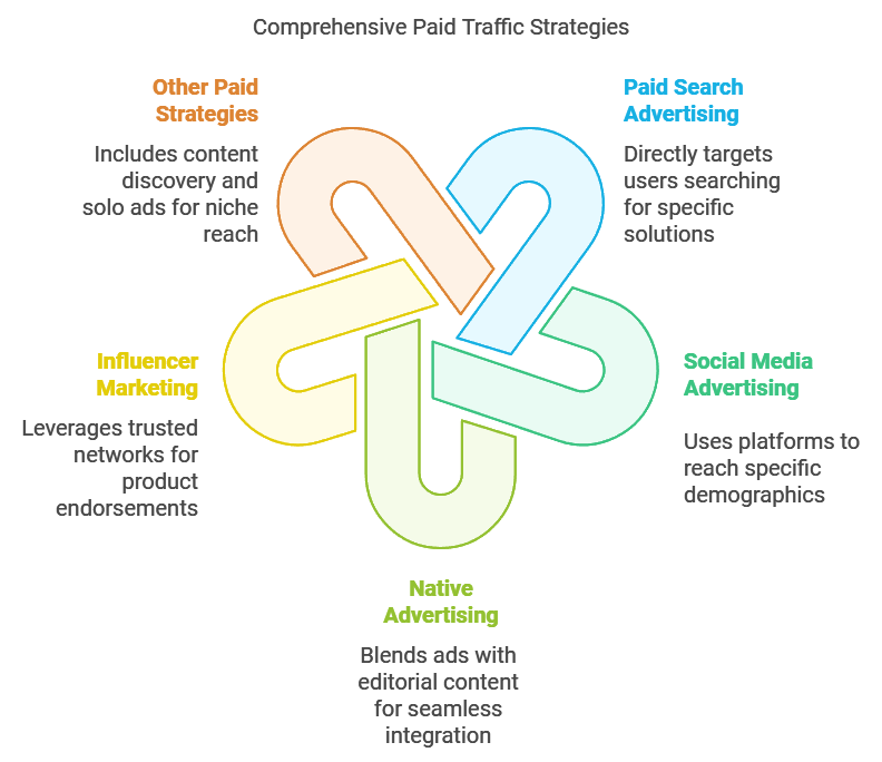 Infographic showing comprehensive paid traffic strategies for affiliate marketing, including paid search advertising, social media advertising, influencer marketing, native advertising, and other paid strategies.