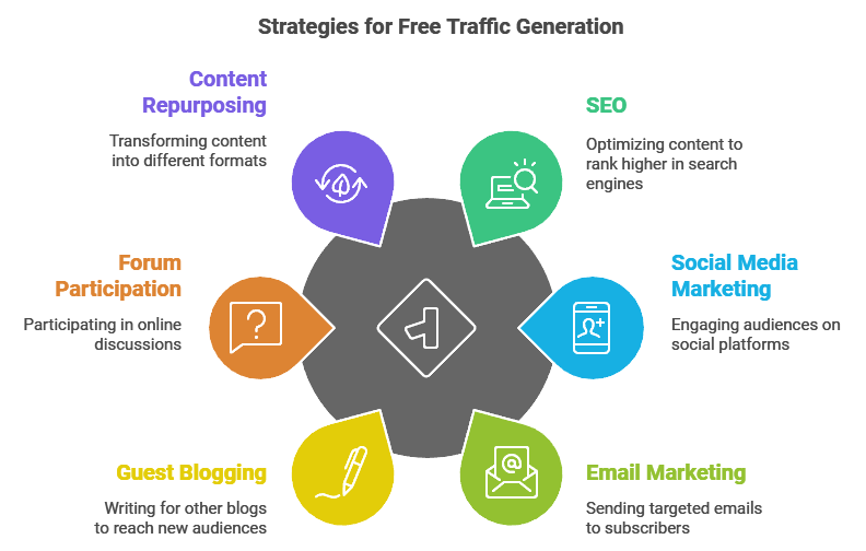 Infographic showing strategies for free traffic generation, including SEO, social media marketing, email marketing, guest blogging, forum participation, and content repurposing.