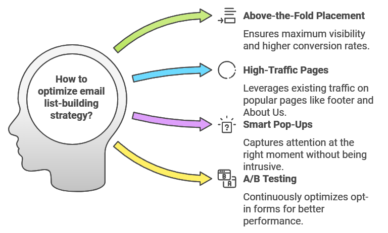 Diagram on optimizing email list-building strategy, featuring methods like above-the-fold placement, high-traffic pages, smart pop-ups, and A/B testing to improve email list conversions.