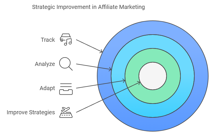 Target diagram showing strategic improvement in affiliate marketing: track, analyze, adapt, and improve strategies for better performance.