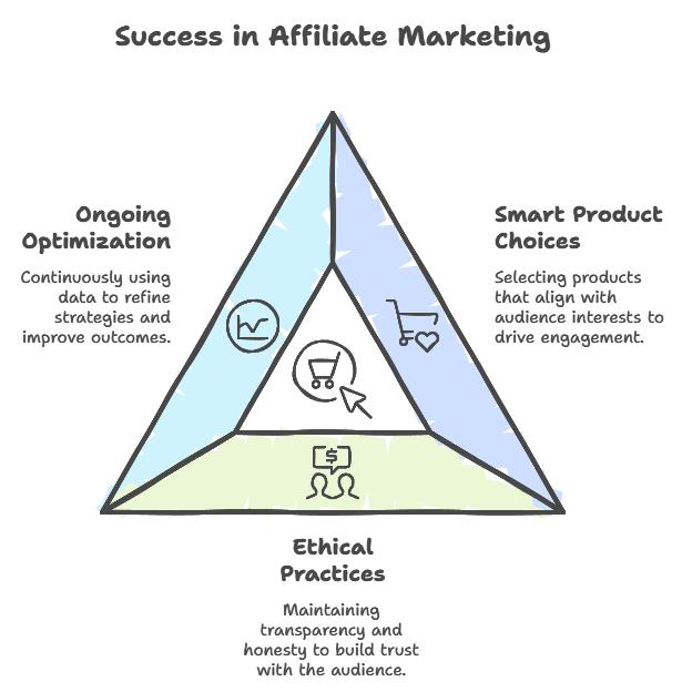 Infographic titled "Success in Affiliate Marketing" showing the three key elements: ongoing optimization, smart product choices, and ethical practices, represented in a triangular diagram.