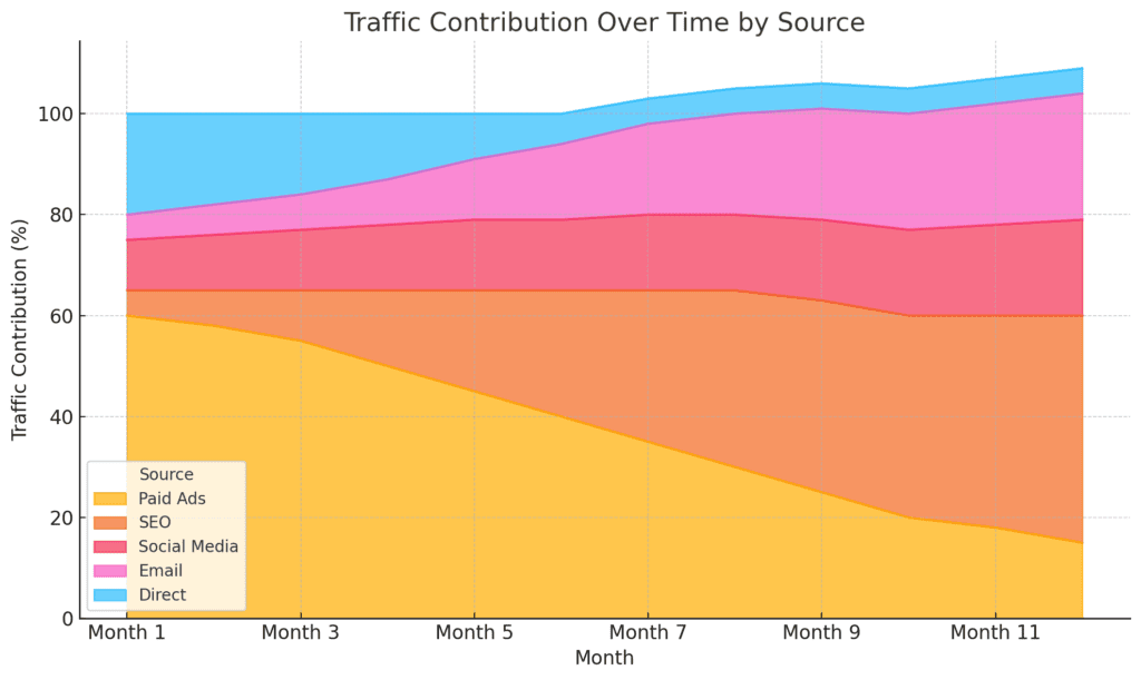 Graph showing diversified traffic source contribution to an affiliate website over 12 months.