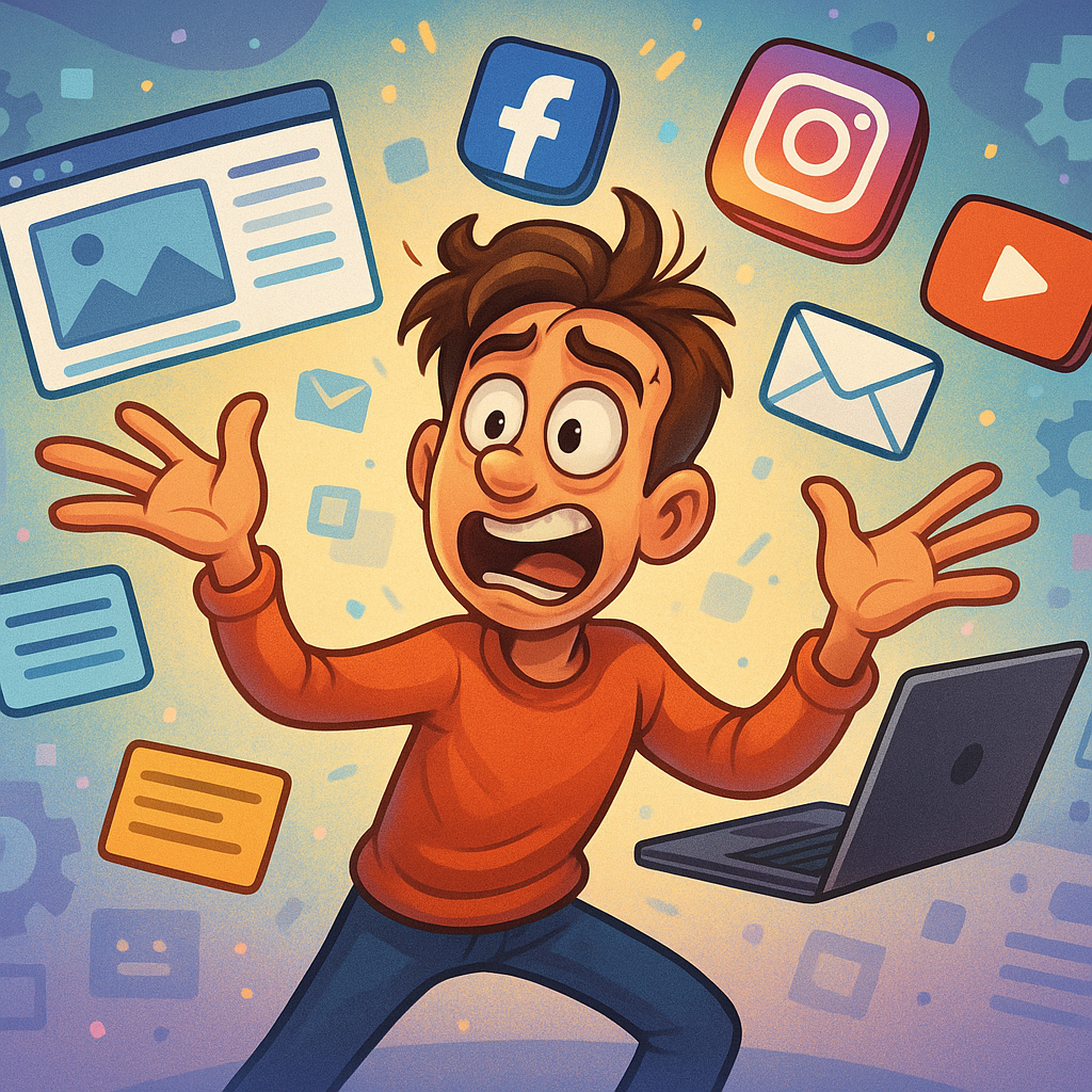 Illustration of a person actively working on multiple digital tasks simultaneously, like building a website, setting up social media icons, and connecting an email list symbol, representing the substantial upfront effort in affiliate marketing setup.