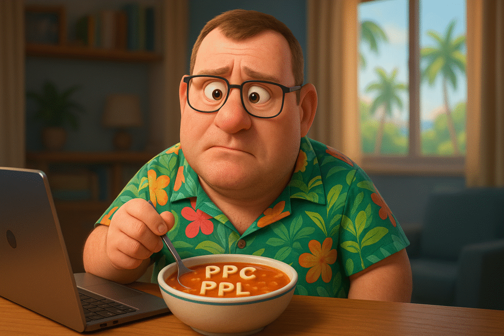 Illustration of a confused person looking at affiliate commission models PPC, PPL, PPS in alphabet soup.