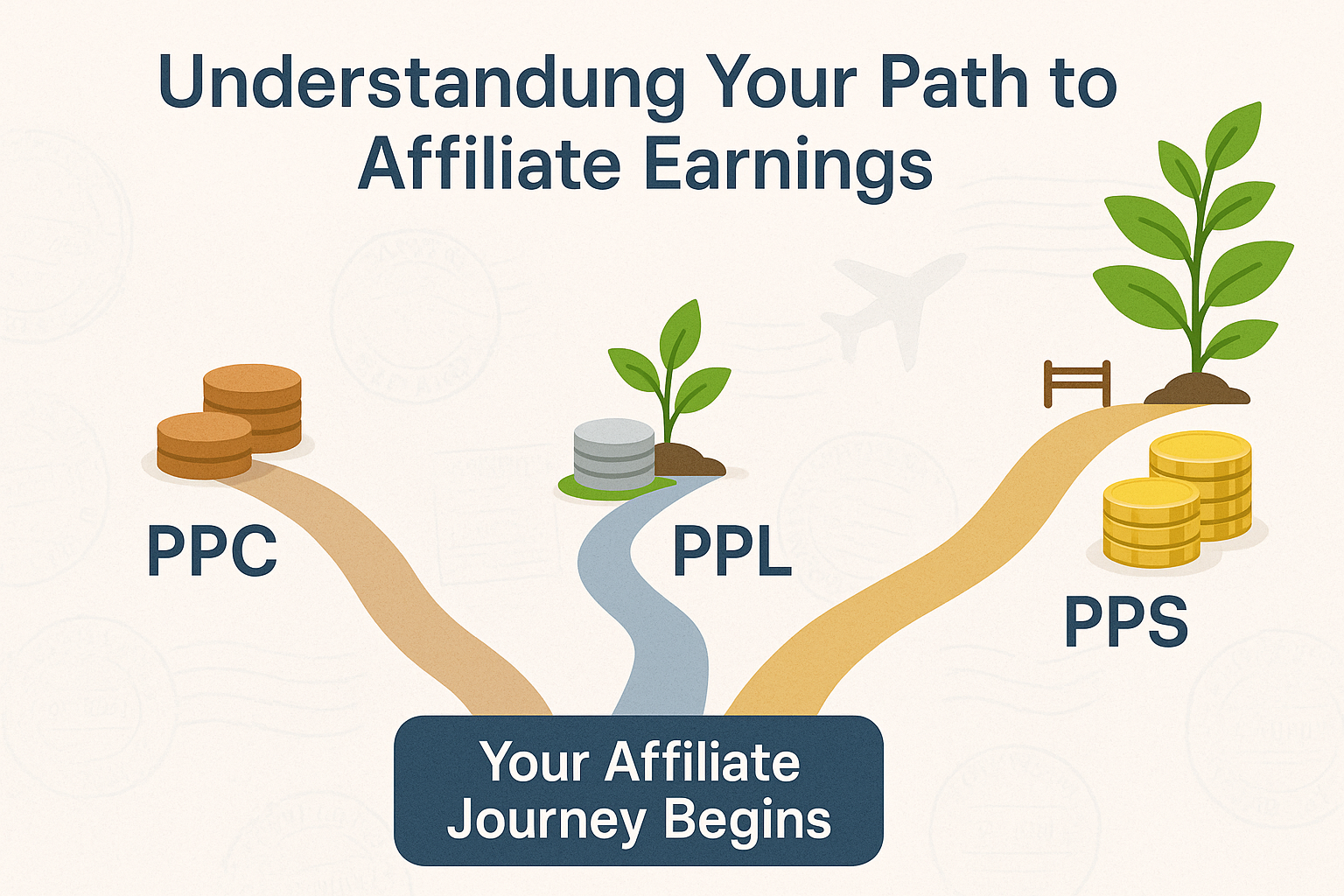 Infographic comparing affiliate commission models PPC, PPL, and PPS, showing different paths with varying difficulty leading to different potential rewards.