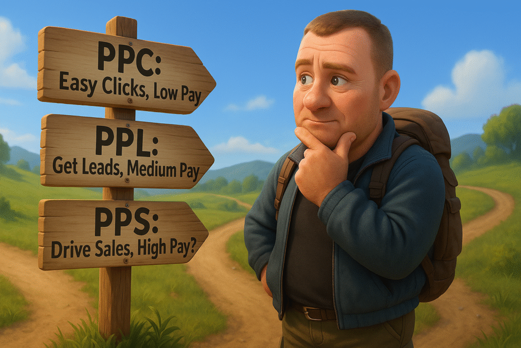 Illustration of a traveler choosing between paths labeled PPC, PPL, and PPS affiliate commission models.
