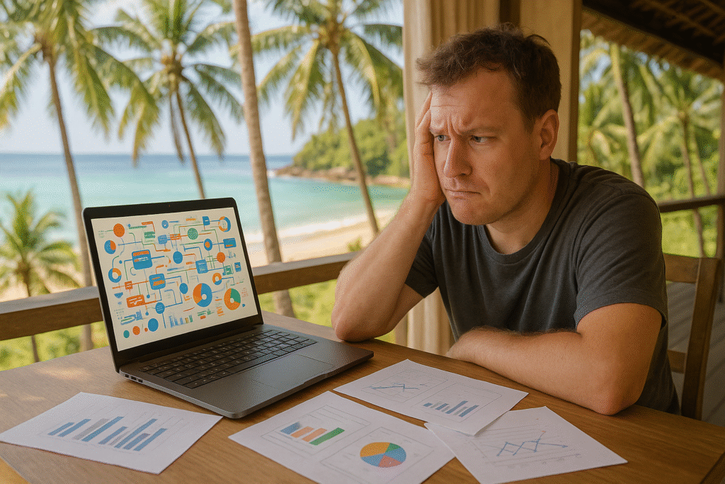 Person looking confused at a complex dashboard on a laptop, illustrating the frustration with non-beginner-friendly affiliate programs.
