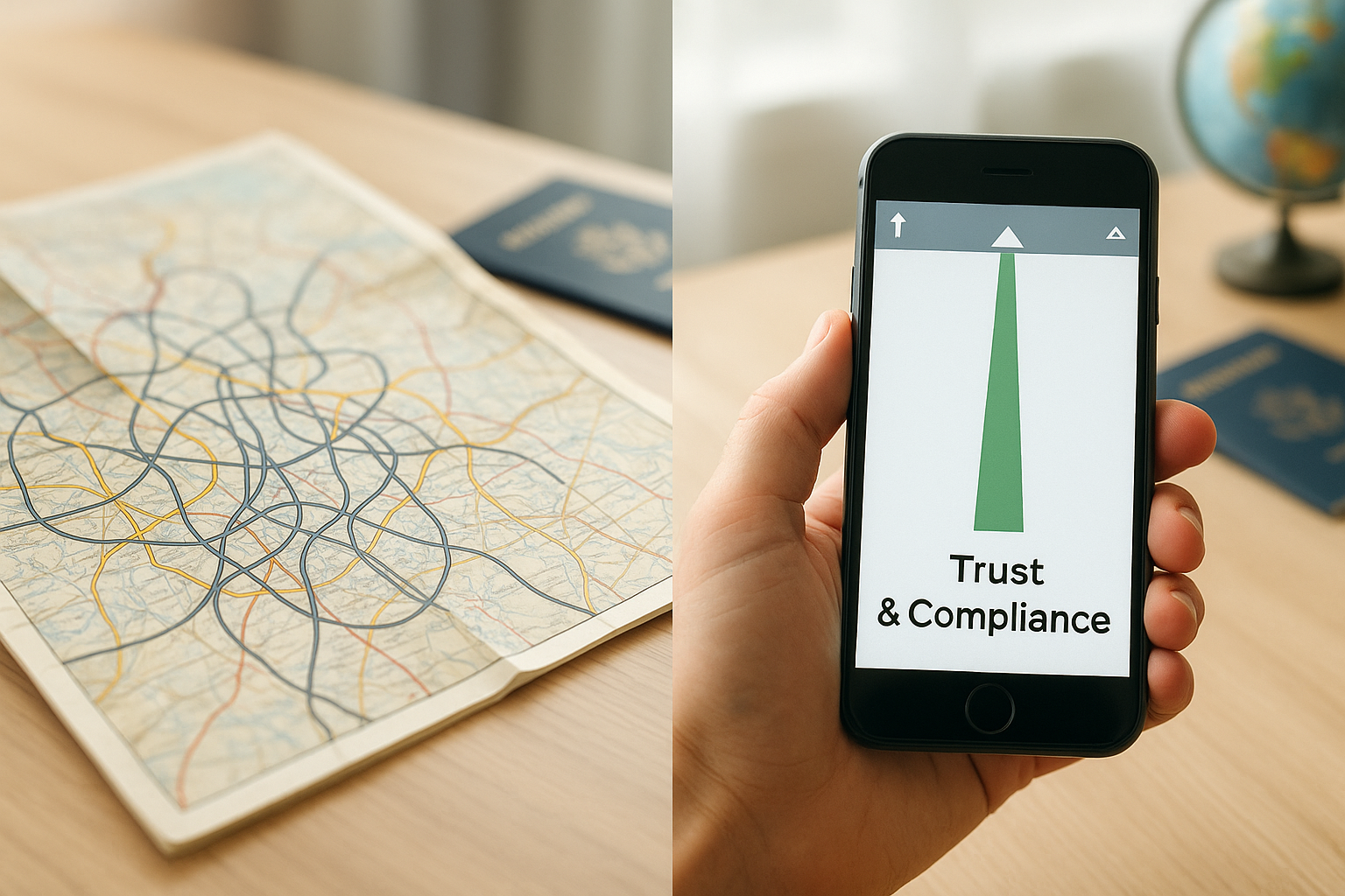Split image showing a confusing map versus a clear GPS path labeled Trust & Compliance, representing the clarity affiliate disclosure provides. Sources and related content