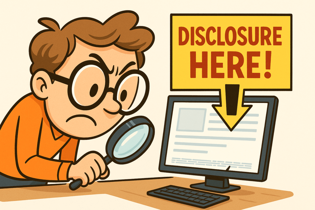 Humorous illustration showing a character struggling to read tiny affiliate disclosure text, contrasted with a large obvious sign, emphasizing conspicuousness.