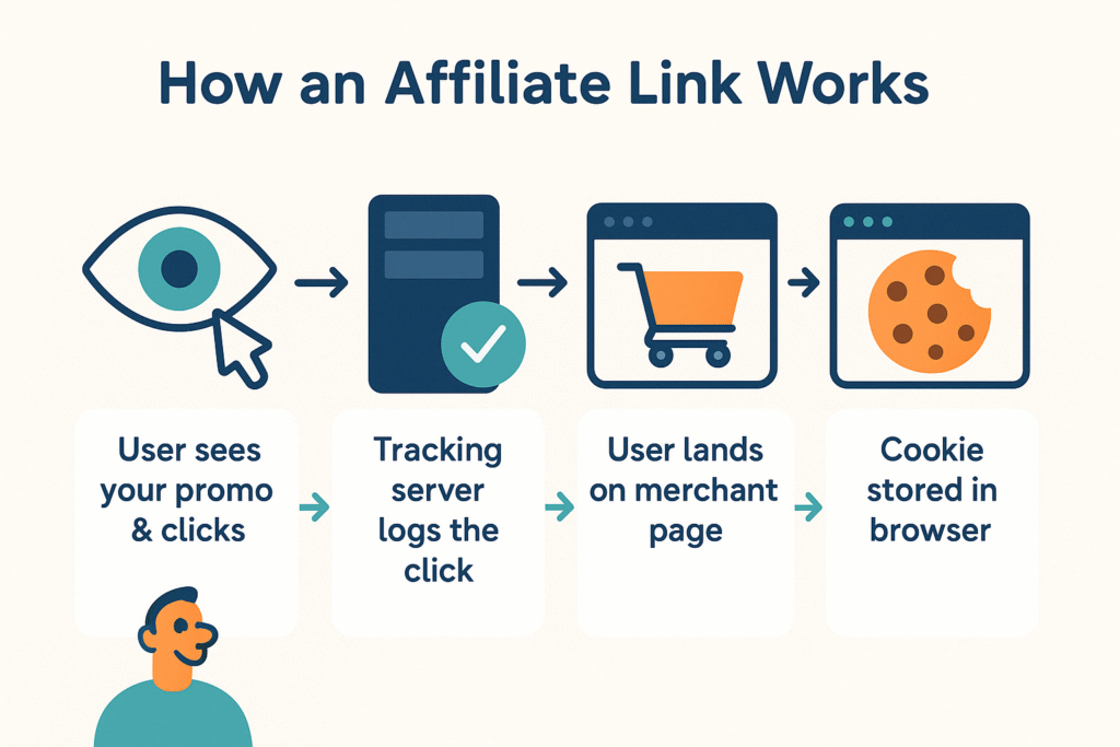 Flowchart showing how an affiliate link click leads to cookie placement and tracking.