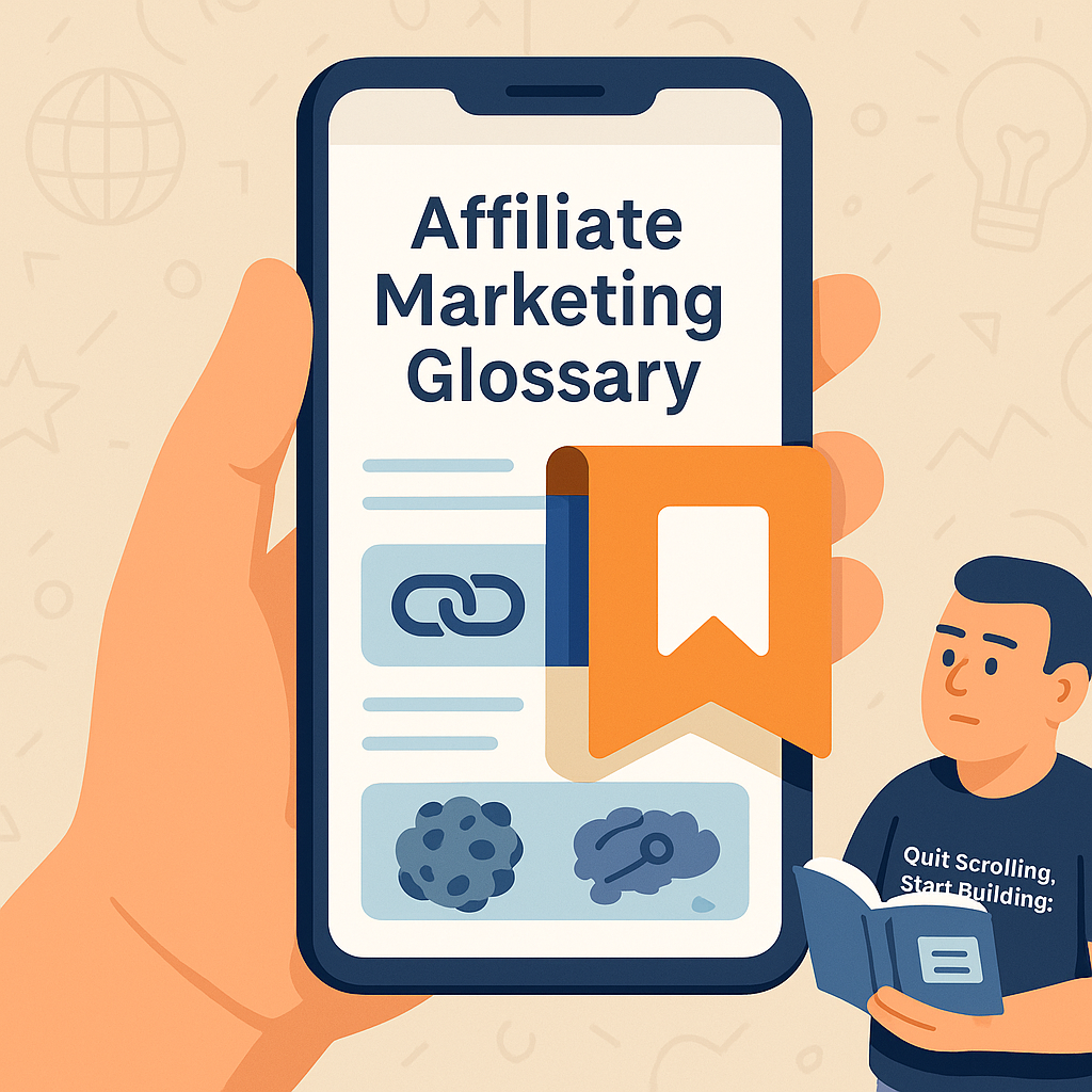 Illustration highlighting the affiliate marketing glossary as a bookmarkable resource for beginners.