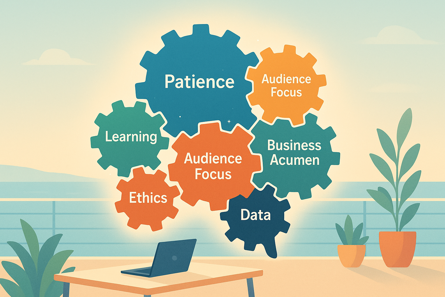 Conceptual illustration of a brain made of interconnected gears labeled with key affiliate marketing mindset pillars like Patience, Learning, Ethics, symbolizing the strategic thinking needed for success.
