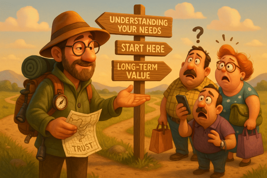 Guidepost illustration symbolizing the audience-centric affiliate marketing mindset focused on providing value and direction.