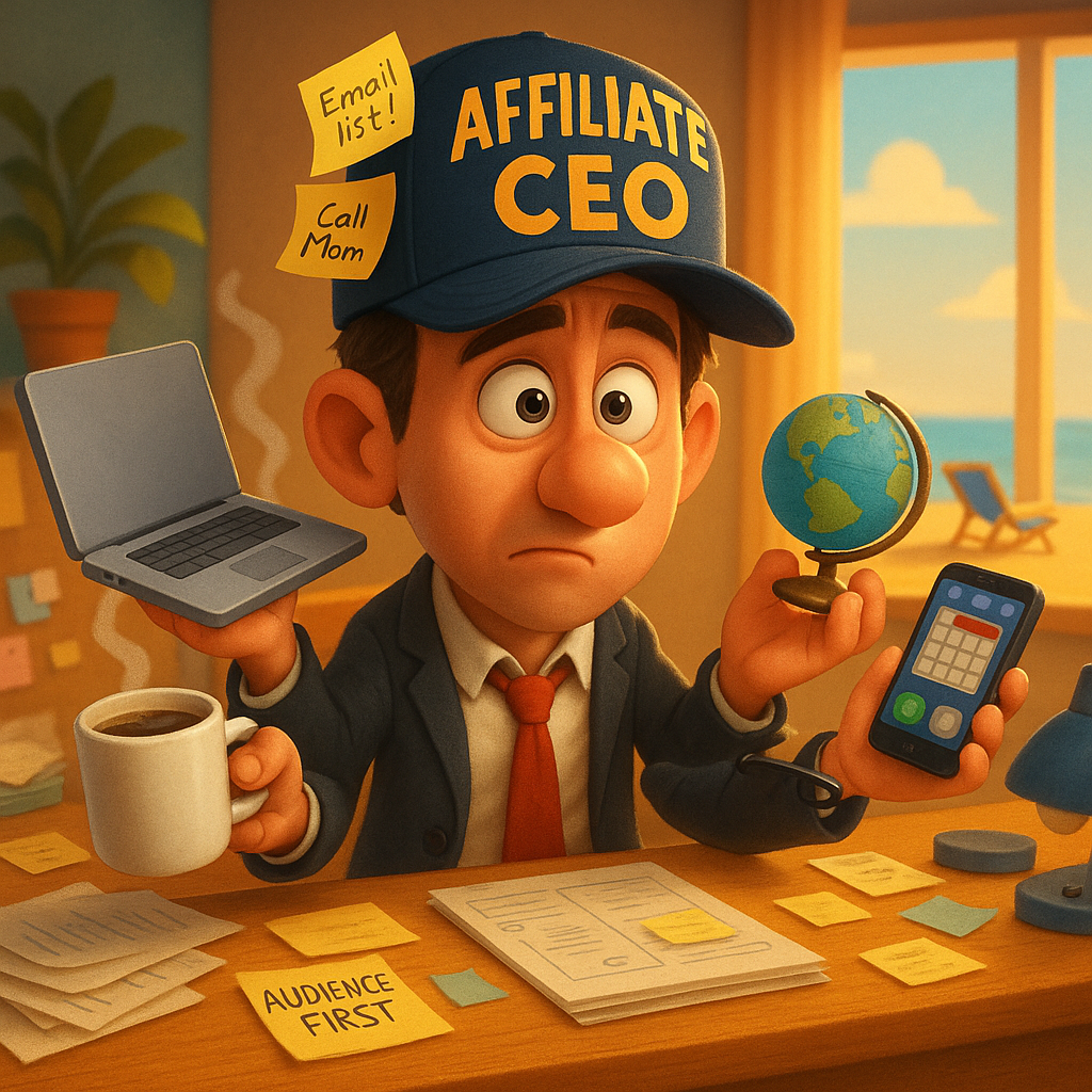 CEO juggling illustration symbolizing the business acumen needed for the affiliate marketing mindset.