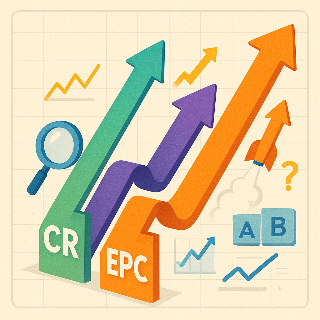 Infographic showing key affiliate marketing KPIs like EPC and CR leading to growth, symbolizing the data-driven mindset.