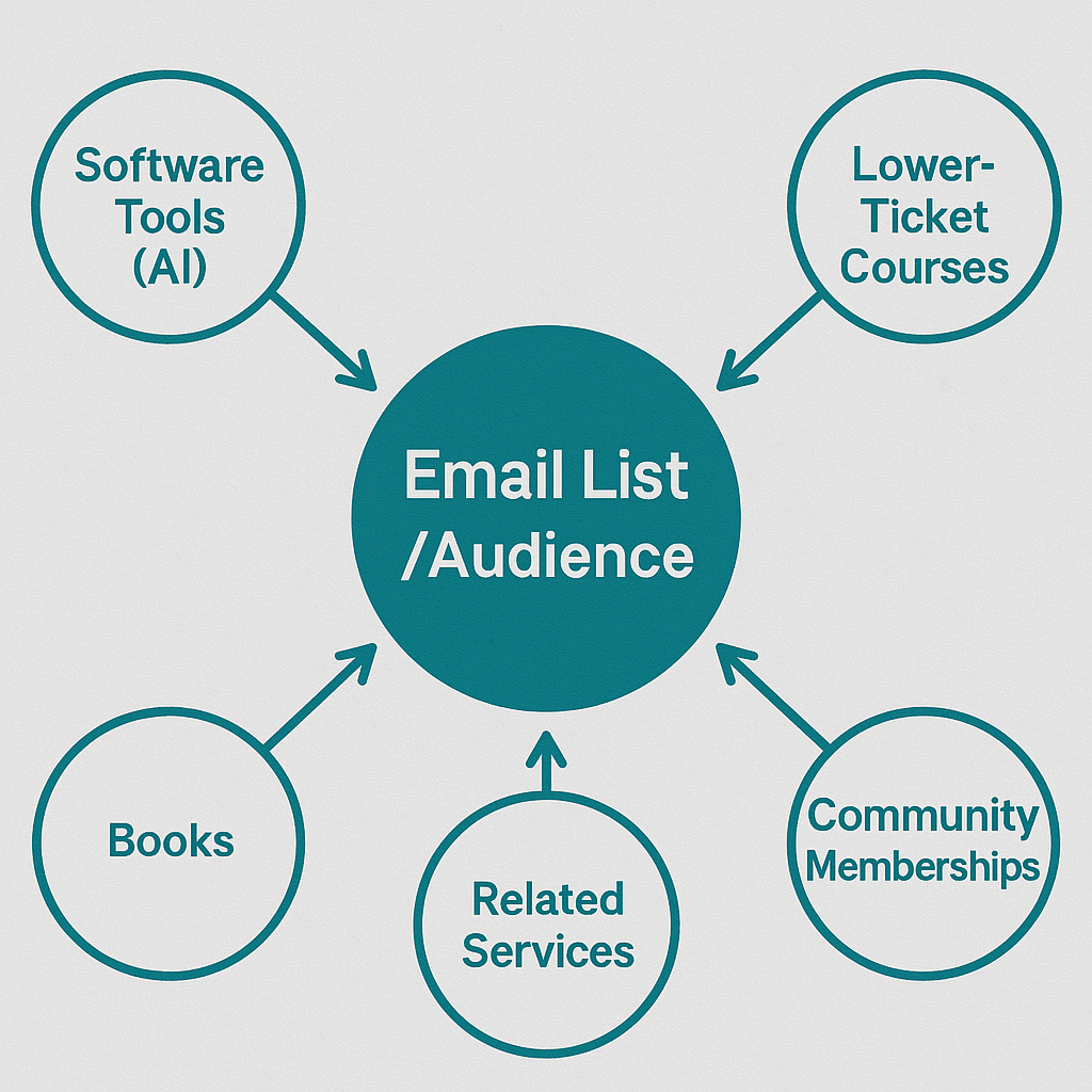 Diagram illustrating the affiliate stacking ecosystem concept for High Ticket Affiliate Marketing with AI, showing multiple supporting offers connected to a central email list.