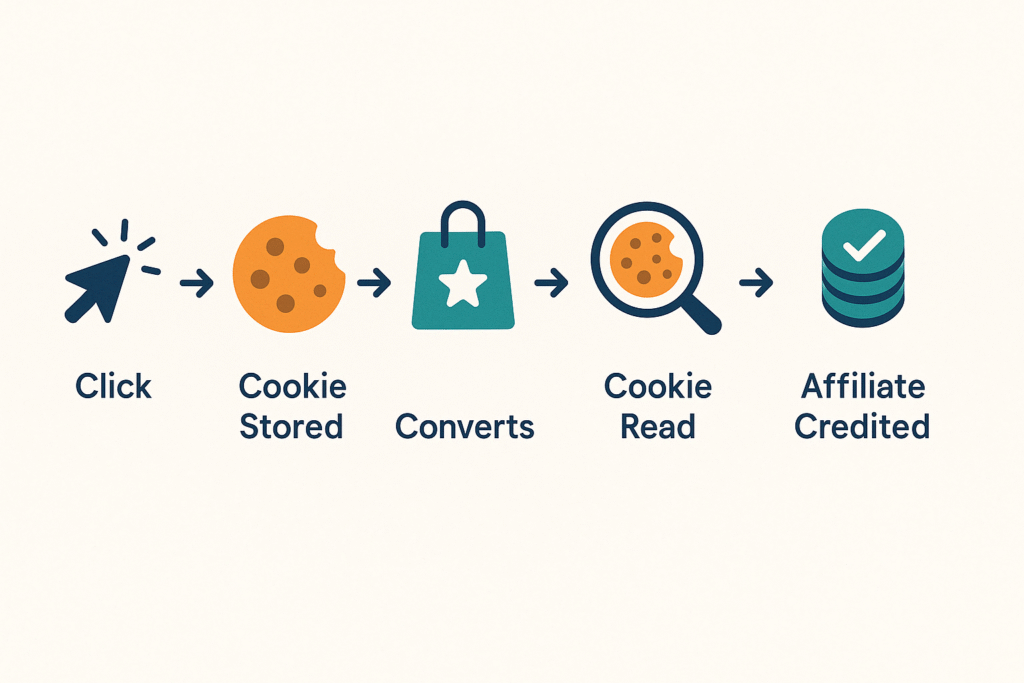 5 simple steps explaining how affiliate link tracking leads to commission.