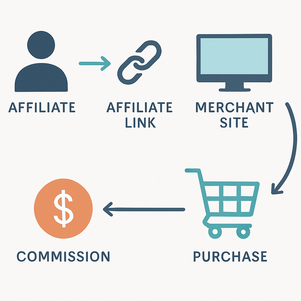 Simple flowchart illustrating the steps of affiliate marketing: Affiliate -> Link Click -> Merchant Website -> Customer Purchase -> Commission Earned by Affiliate.