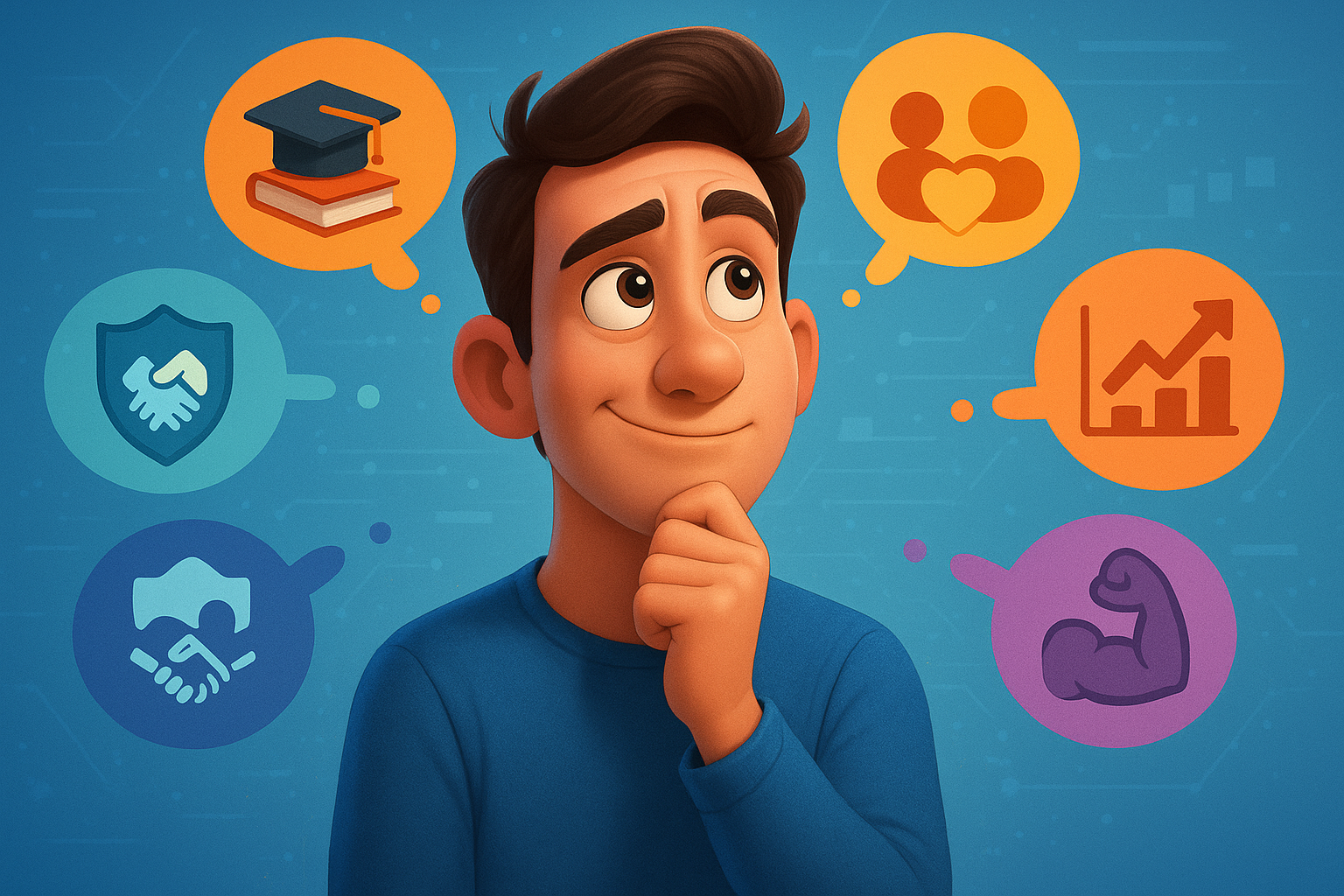 Humorous illustration showing a person with thought bubbles representing the key attributes of a successful affiliate marketing mindset.