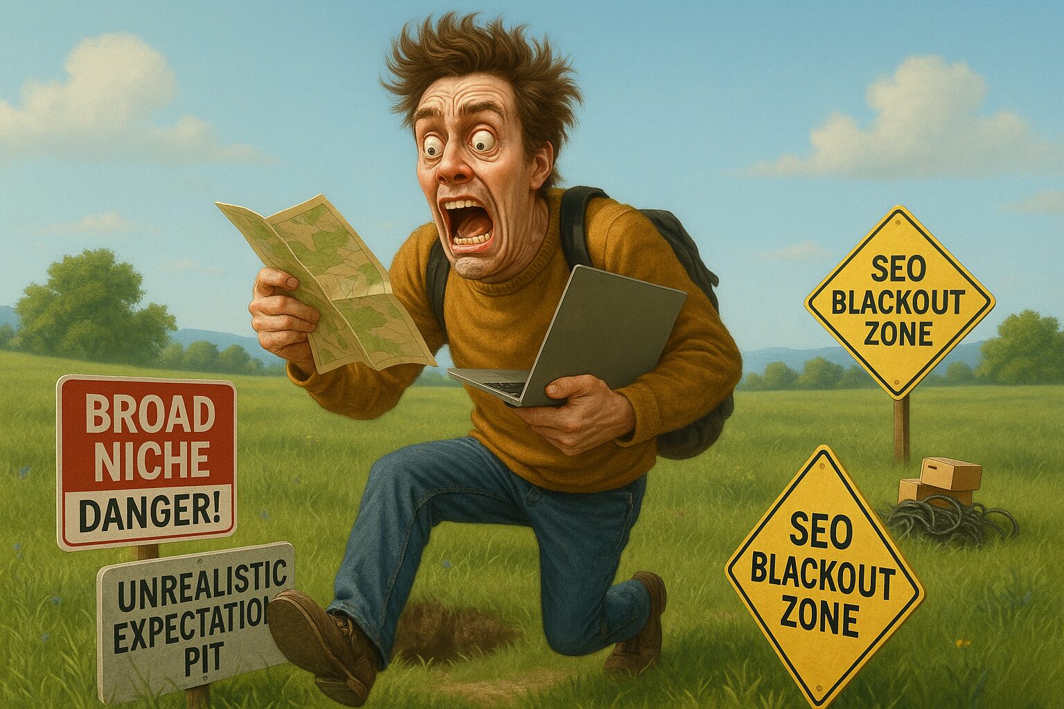 Humorous illustration of a person navigating a field marked with signs representing common affiliate marketing mistakes, using a guide to avoid them.