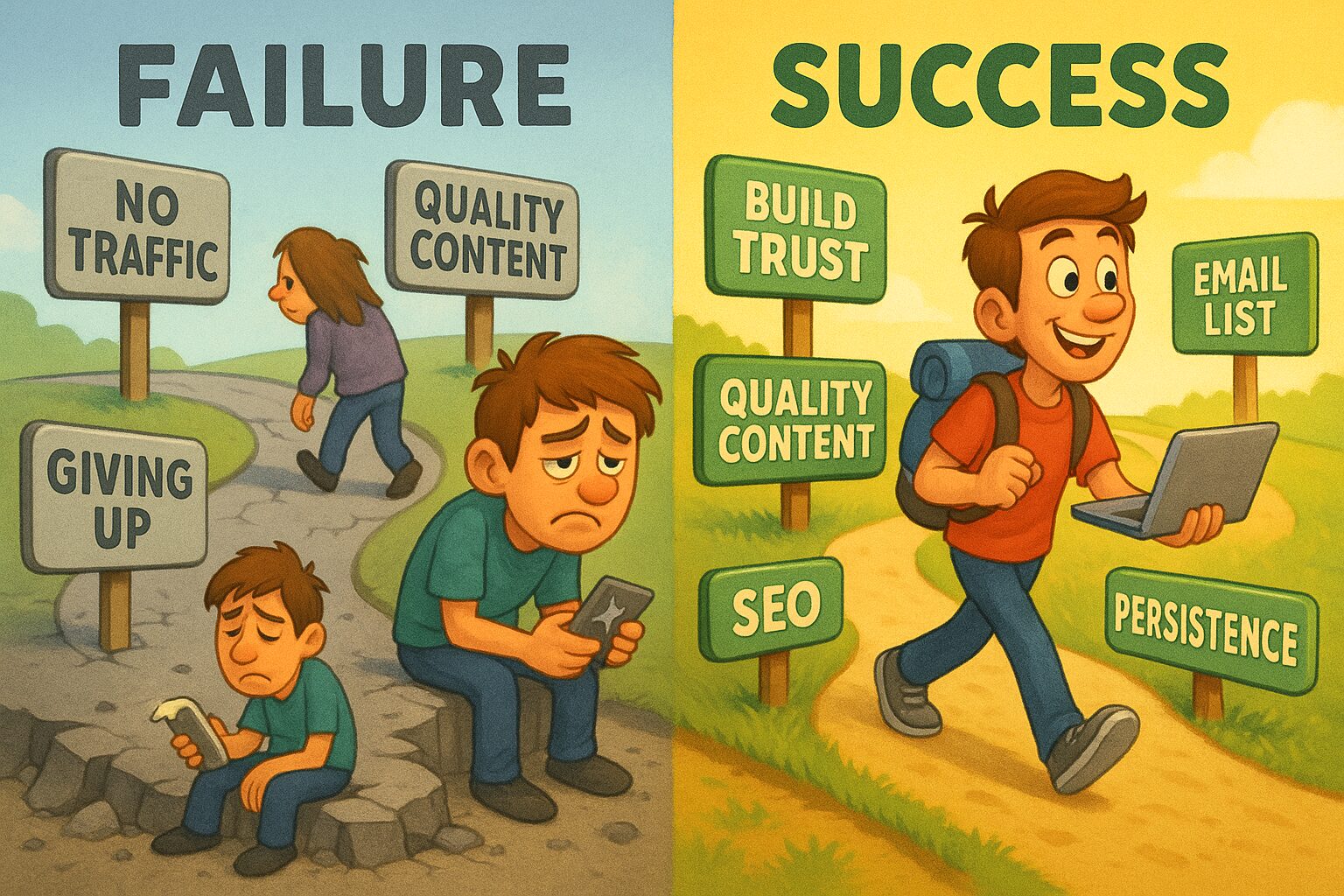 Humorous illustration showing a clear contrast between a crumbling path representing affiliate marketing failure and a sturdy path representing success, with figures on each path.