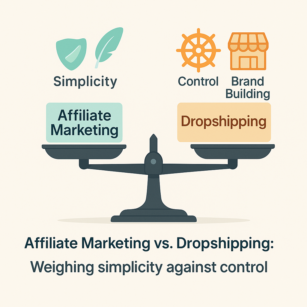 Infographic balance scale comparing affiliate marketing (simplicity, low risk icons) versus dropshipping (control, brand building icons), illustrating the core trade-off. 