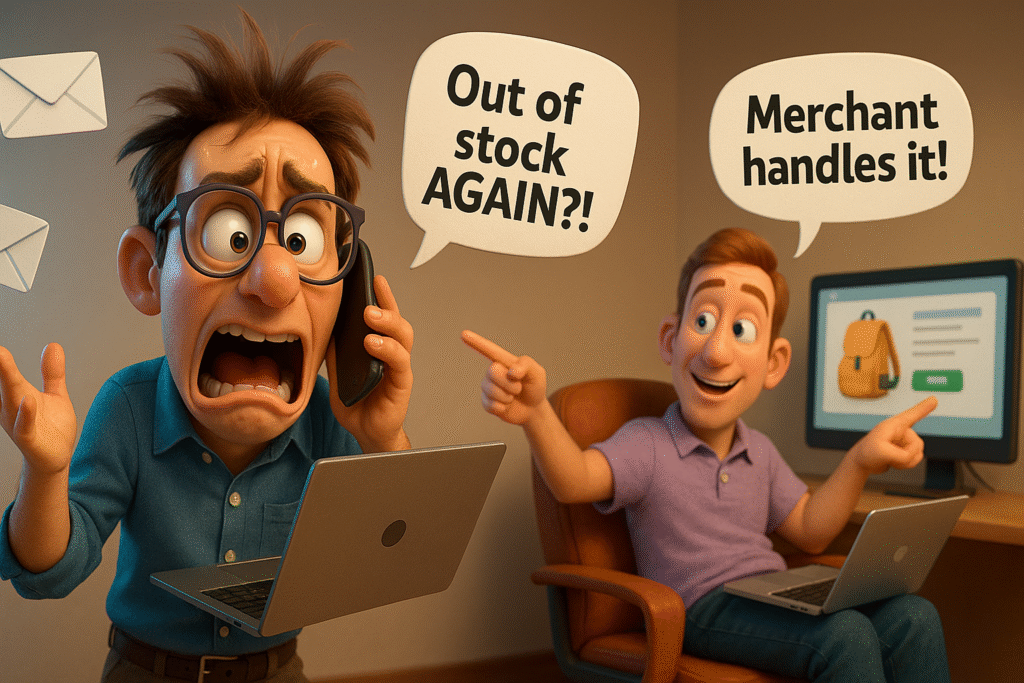 Cartoon comparing a stressed dropshipper juggling tasks due to supplier stock issues versus a relaxed affiliate marketer, illustrating the difference in inventory responsibility between affiliate marketing vs dropshipping.