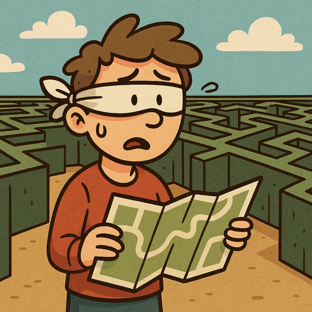 Illustration of a person wearing a blindfold, holding a map, and trying to navigate through a maze, representing ignoring tracking and analytics in business.