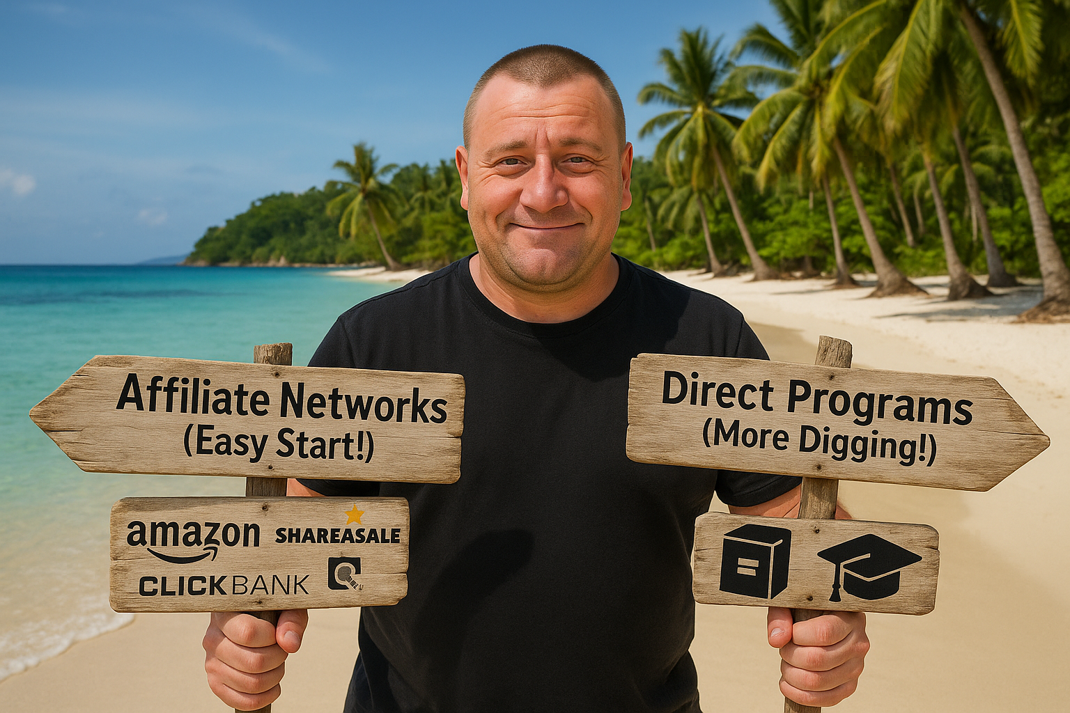 Daniel Sokoll on a beach holding signs comparing affiliate networks and direct affiliate programs for beginners.