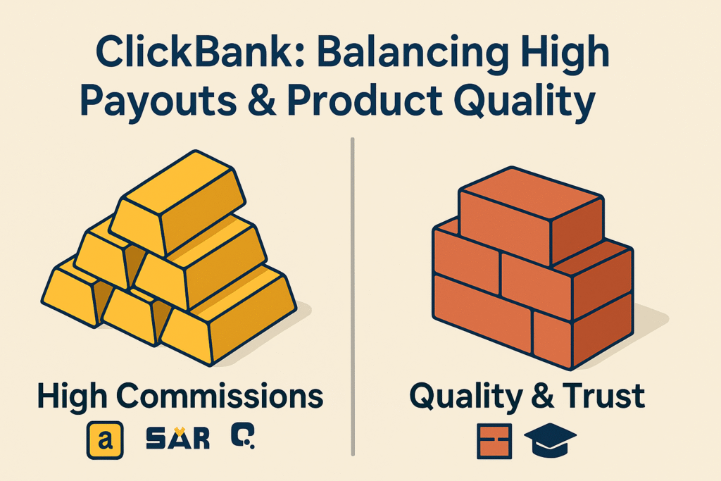 Infographic comparing high but potentially unstable commissions versus stable trust from quality products, relevant to ClickBank affiliate vetting.