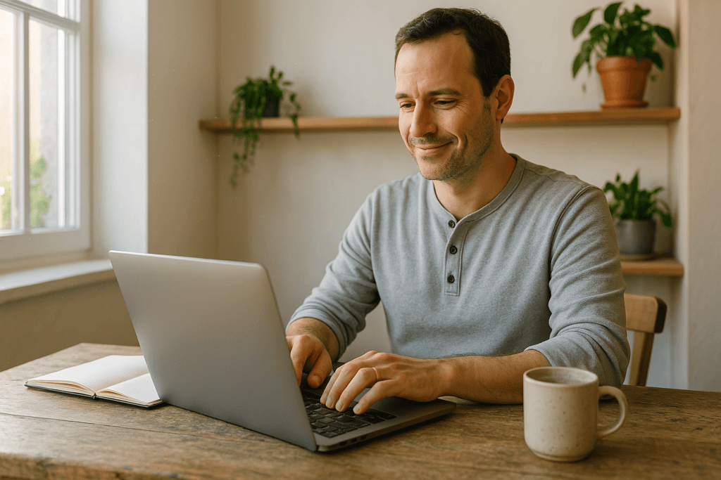 Person happily working online from a comfortable location, illustrating the lifestyle benefits of escaping the 9-to-5.