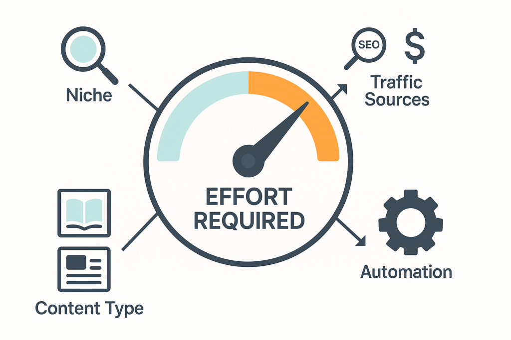 Illustration of a dial or scale labeled "Effort Required" with arrows or lines pointing to it from icons representing factors like Niche, Traffic Strategy, Content Type, and Automation, showing how they influence the level of work.