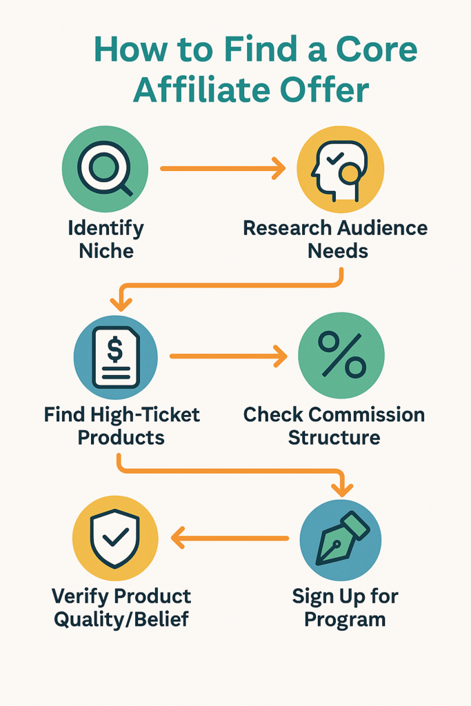 Flowchart diagram explaining the steps to find a high-ticket affiliate marketing core offer.