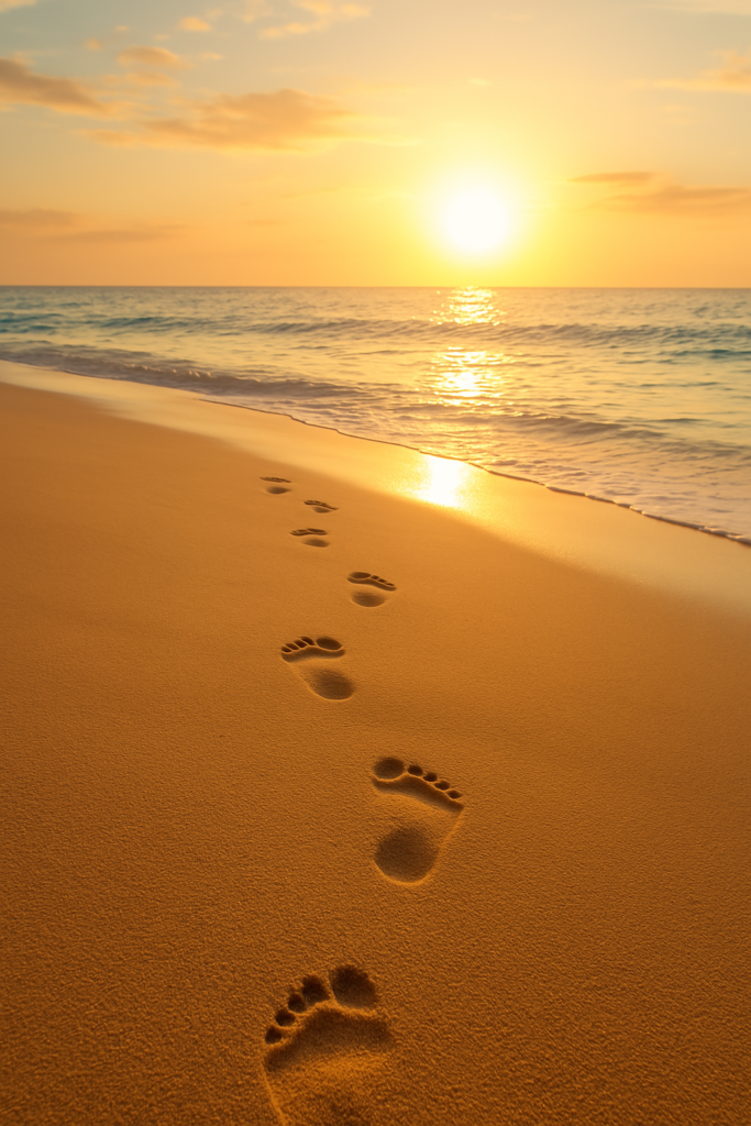 Footprints on a beach leading to the ocean at sunrise, symbolizing the start of a journey towards freedom with High Ticket Affiliate Marketing with AI.