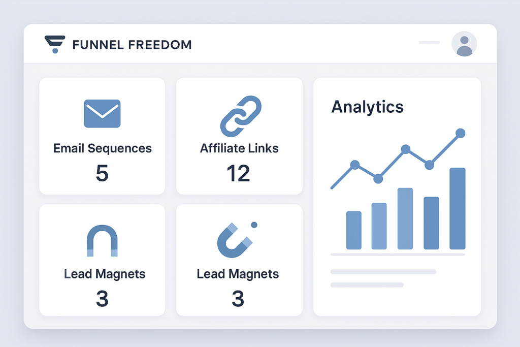 Conceptual dashboard mockup representing software like Funnel Freedom that integrates and automates high-ticket affiliate marketing systems.