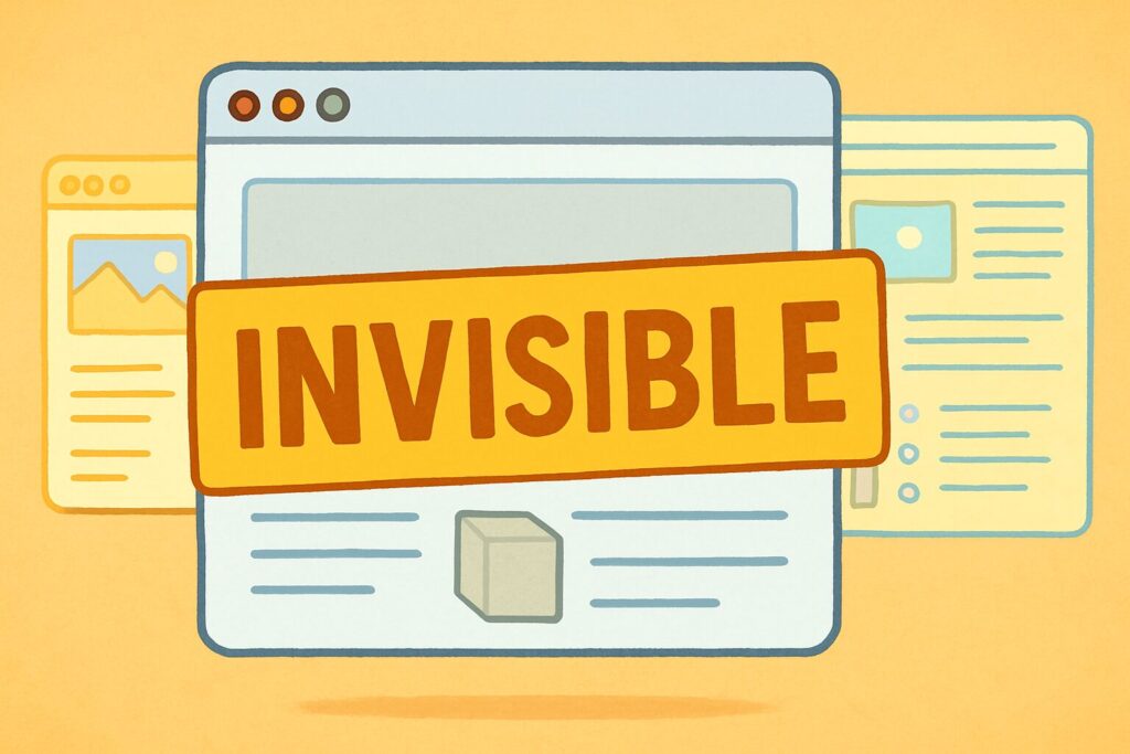 Illustration of a website page with an “Invisible” sign, blending into the background while other sites are visible, representing neglecting SEO.