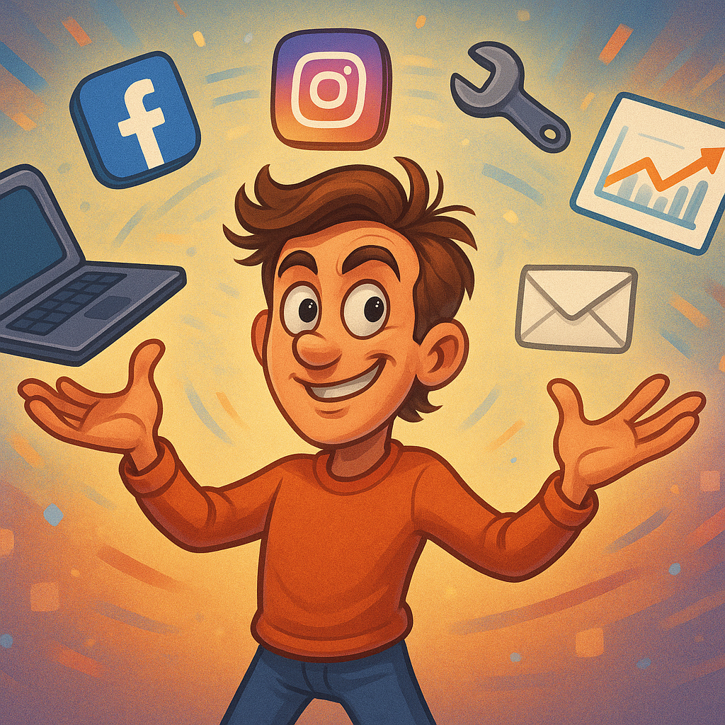 Illustration of a person juggling multiple icons representing ongoing affiliate marketing tasks like a laptop, social media symbols, an email envelope, and an analytics graph.